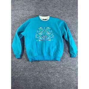 Cottagecore Vintage Teal Peacock Embroidered Pullover Sweater XL Crew Neck Women